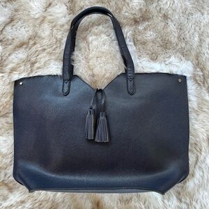 Neiman Marcus Shopper Tote Shoulder Bag with Tassel Navy Blue Faux Leather